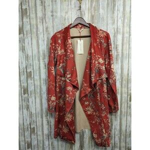 Anthropologie Solitaire Red Vegan Suede Floral Open Front Kimono Jacket Medium